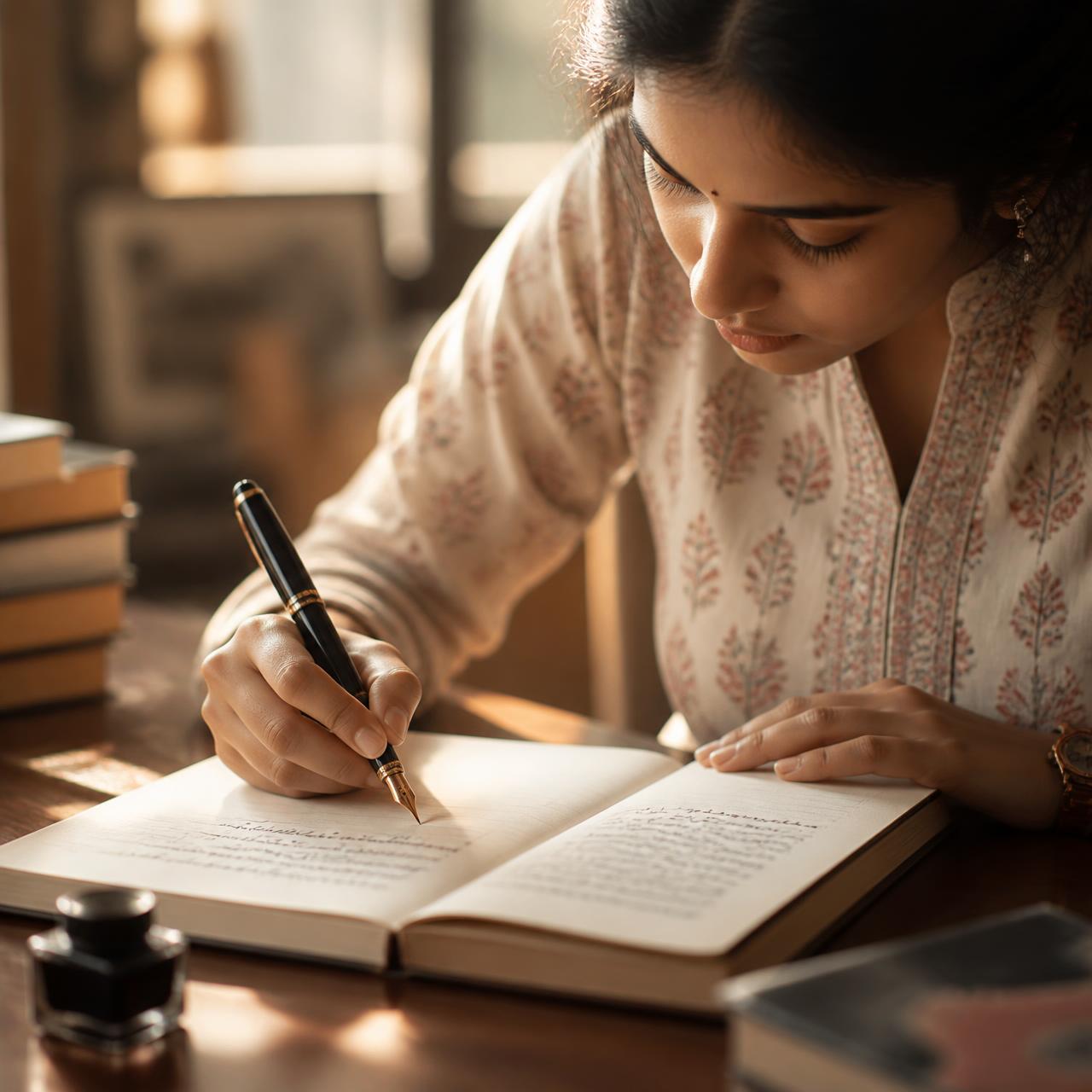 Young woman writing neat handwriting in a notebook
