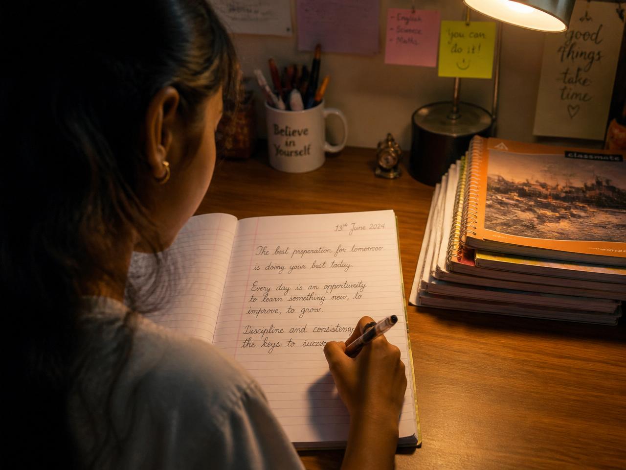 Girl writing cursive handwriting at desk under warm lamp